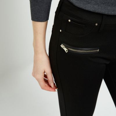 Black zip detail skinny black trousers